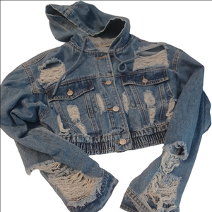 SHEIN Distressed Ruched Hem Hooded Denim Jacket Sz M